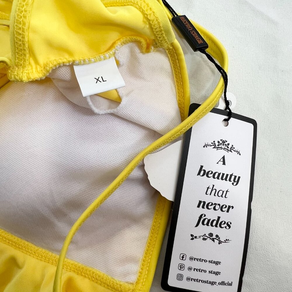 Retro Stage bikini top yellow ruffle v neck US Large CN XL swimsuit swim - Picture 3 of 4